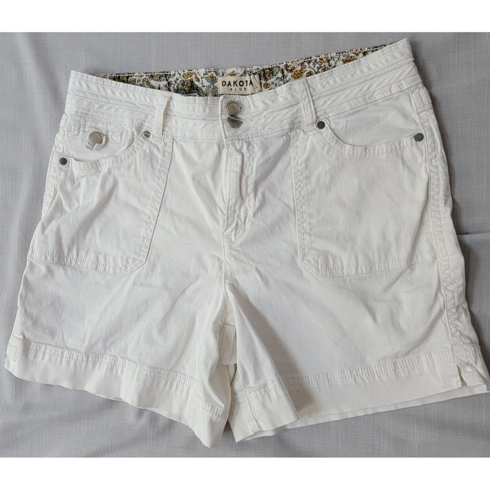 Dakota Blue White Denim Utility Shorts Women Size 12 Cotton Stretch Paisley Trim